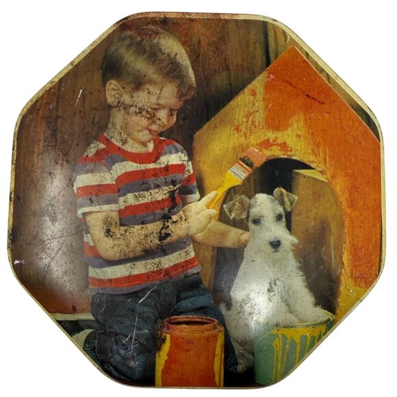 Vintage Arthur Holland Octagonal Toffee Tin Boy Dog Painting Design Red Base - Picture 1 of 6